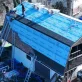 Roofers installing shingles on a house roof covered in blue tarp, with ladders against the side.